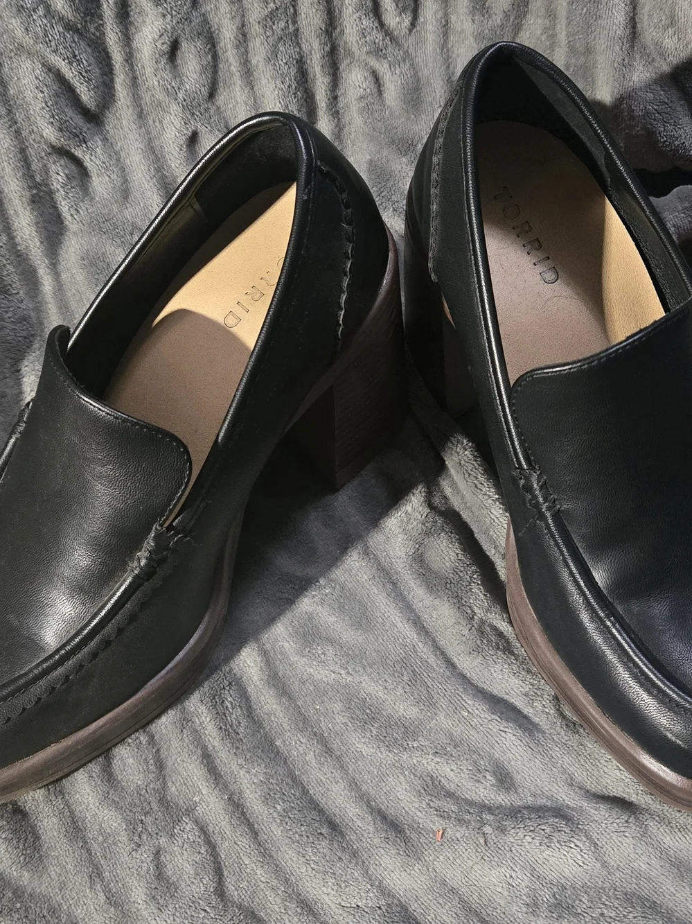 Torrid Black Leather Block Heel Loafers.